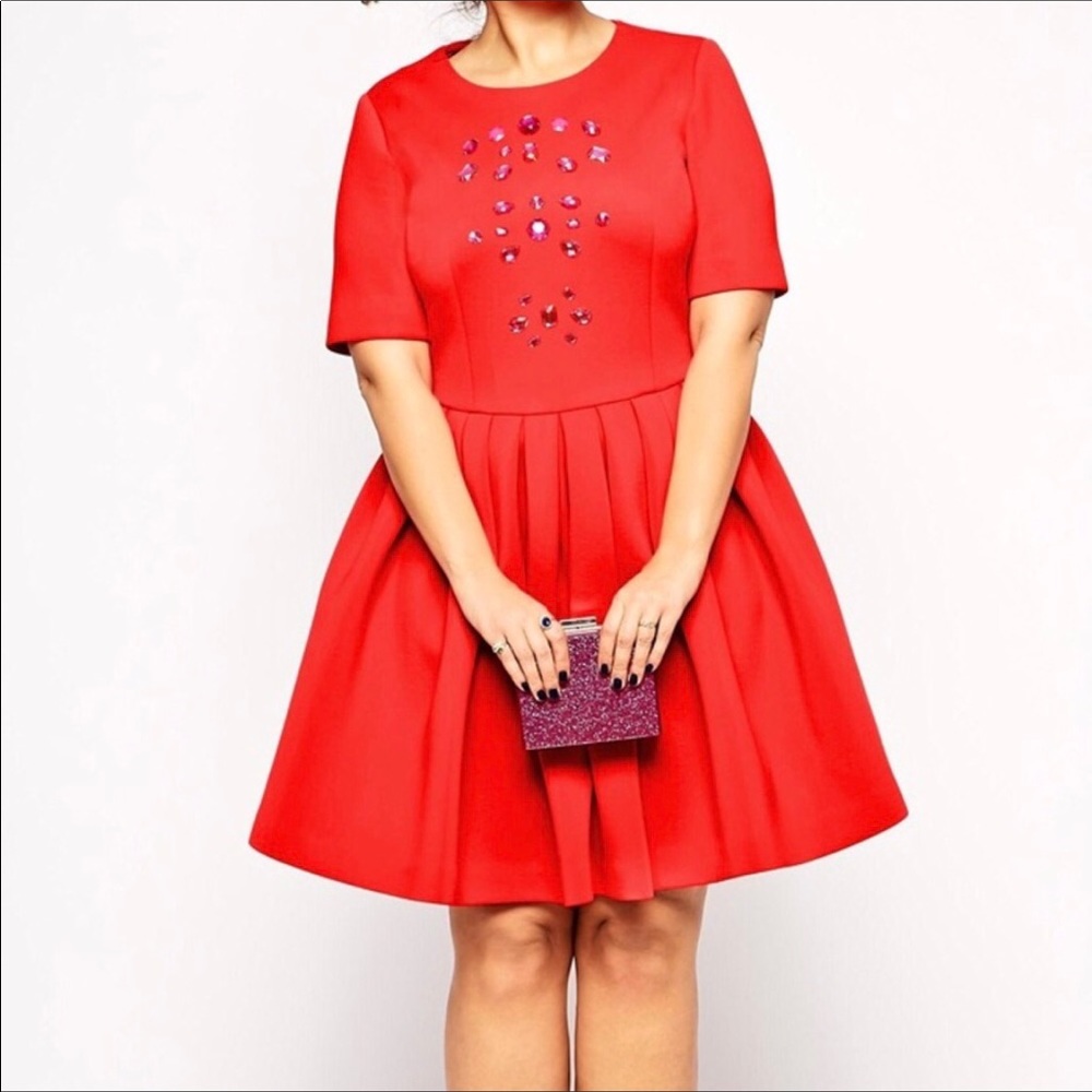 Red scuba dress with pink rhinestones